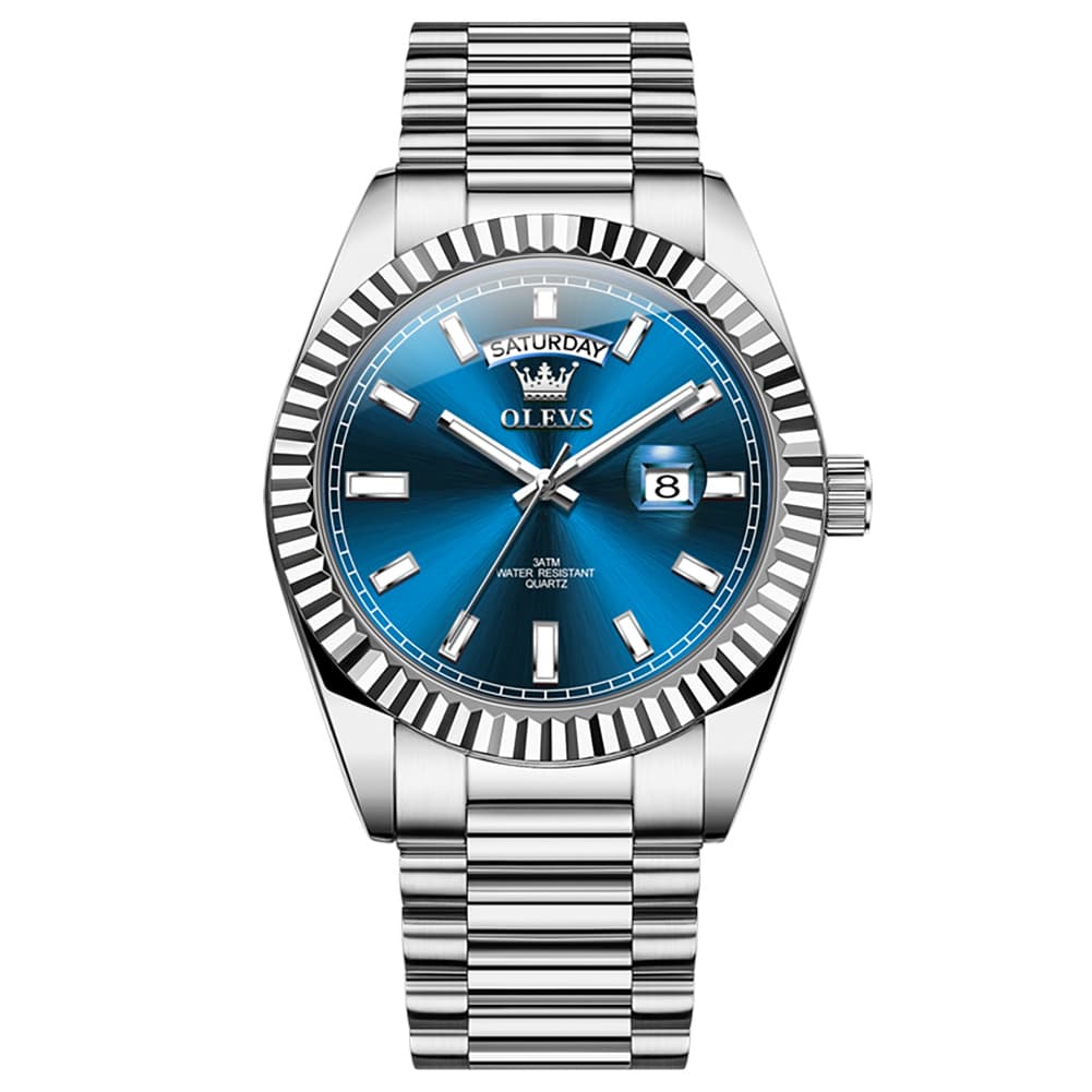 OLEVS 5650 Fluted Bezel Day Date Watch Stainless Steel Quartz Luxury Timepiece for Men
