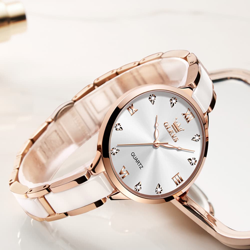 OLEVS 5872 Ceramic Bracelet Watch Rose Gold Diamond Accent Quartz Luxury Timepiece for Women