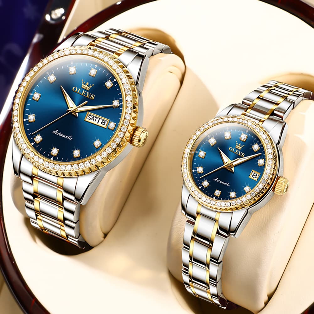 OLEVS 7003Q Diamond Bezel Automatic Couple Watch Set