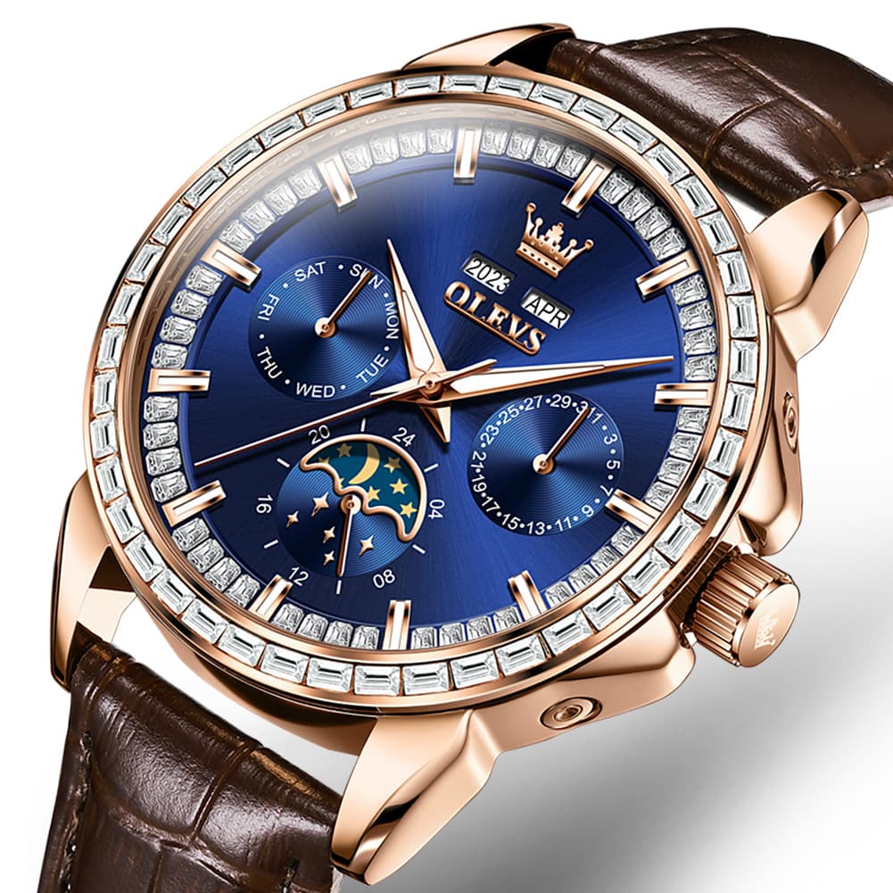 OLEVS 6695P Baguette Diamond Leather Mechanical Watch for Men