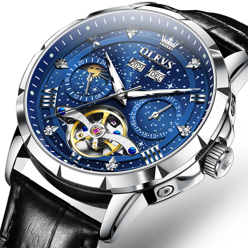 OLEVS 6690 Automatic Skeleton Starry Sky Steel Leather Watch for Men