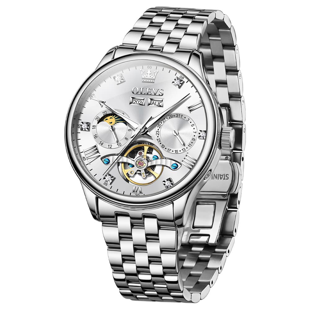 OLEVS 7023 Skeleton Moon Phase Automatic Watch for Men
