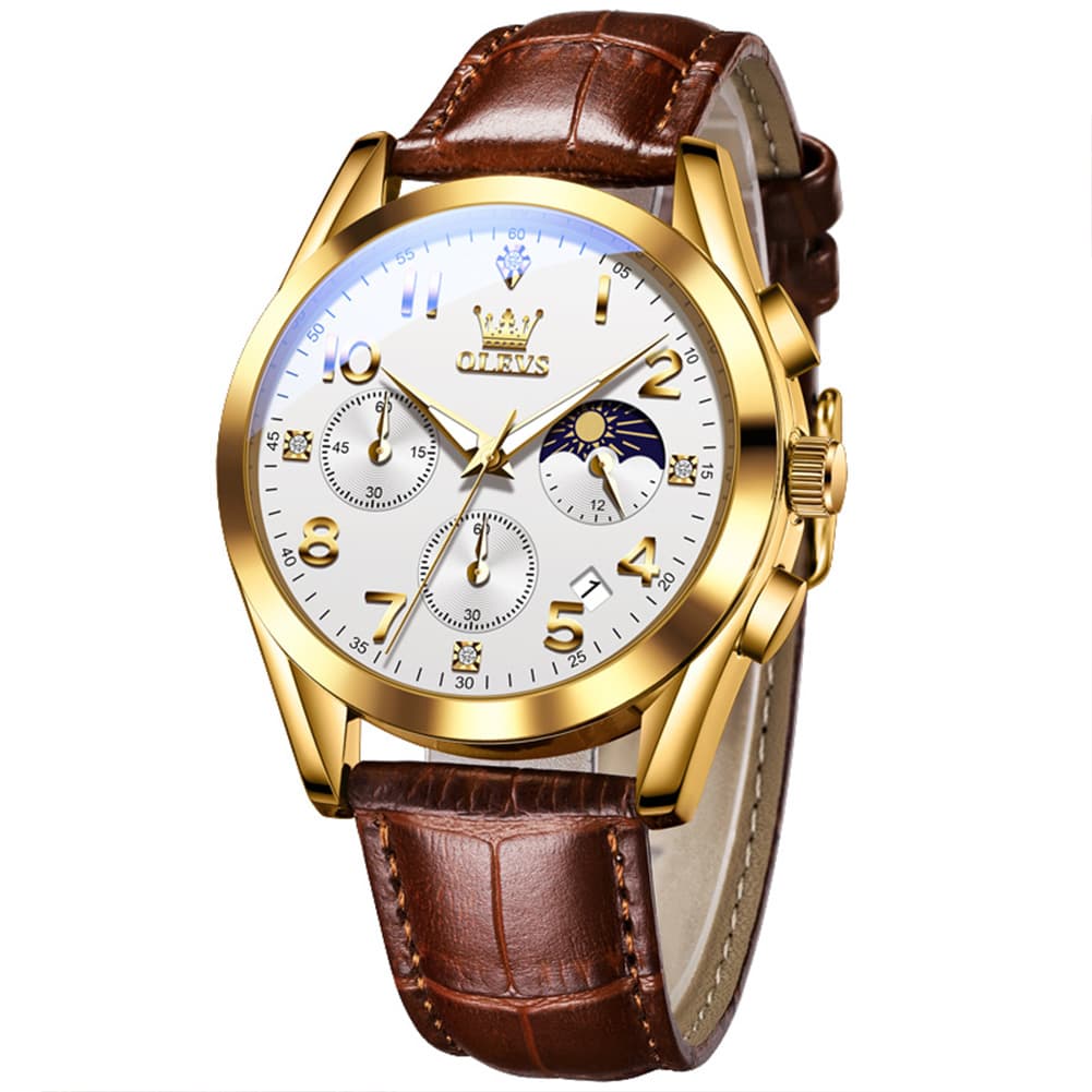 OLEVS 2890 Leather Chronograph Moon Phase Watch for Men