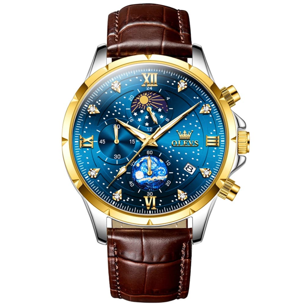 OLEVS 9807 Starry Moon Phase Chronograph Quartz Watch for Men