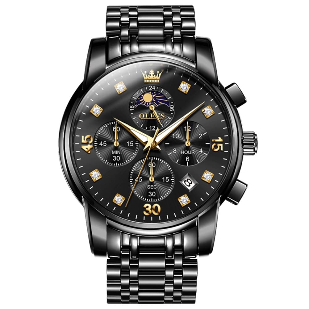 OLEVS 3652 Chronograph Moon Phase Diamond Dial Stainless Steel Watch For Men