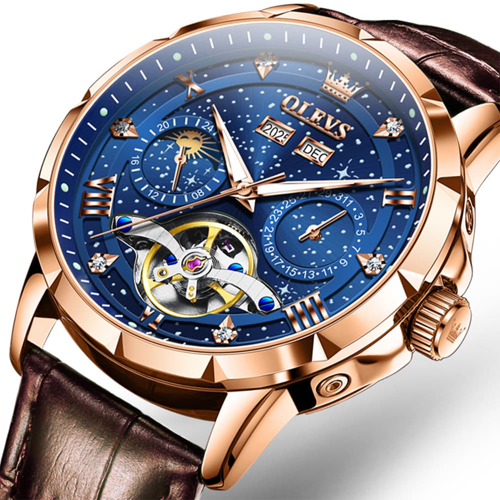 OLEVS 6690 Automatic Skeleton Starry Sky Steel Leather Watch for Men