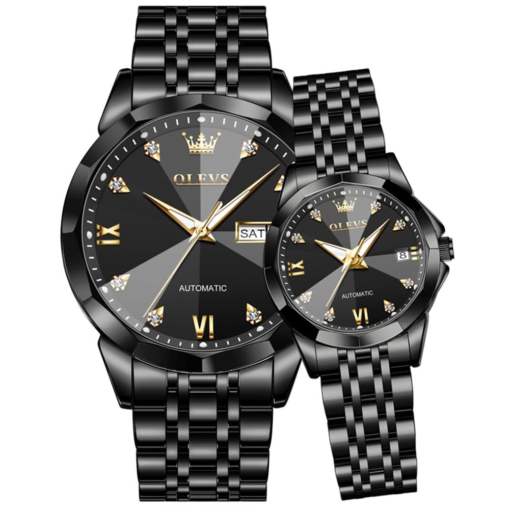 OLEVS Couple Watches 3D Diamond Cut Mirror Automatic Watch 9982 Steel Band for His and Hers