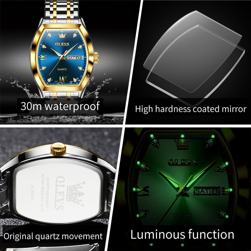 OLEVS Tonneau Diamond Dial Day Date Quartz Watch 5528 Steel Band for Men