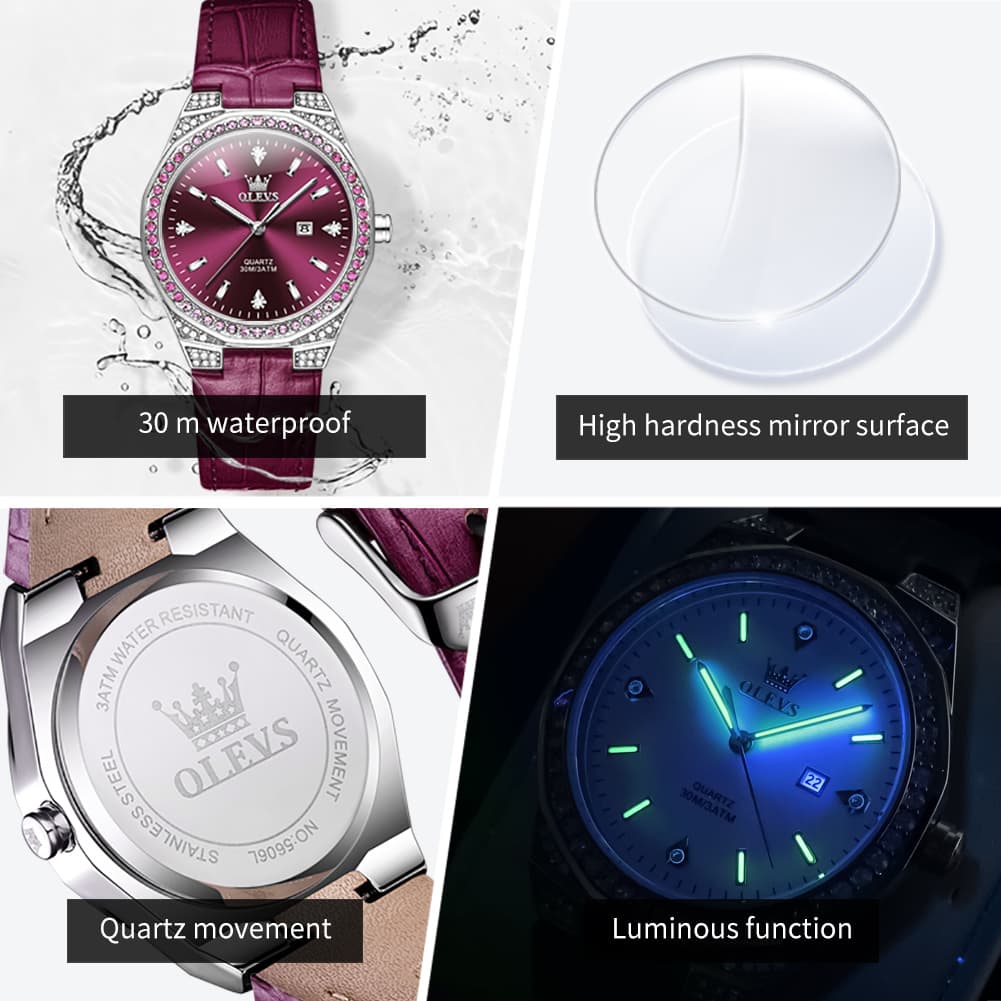 OLEVS Women Octagonal Watch Diamond Bezel Leather Strap Date Quartz 5606