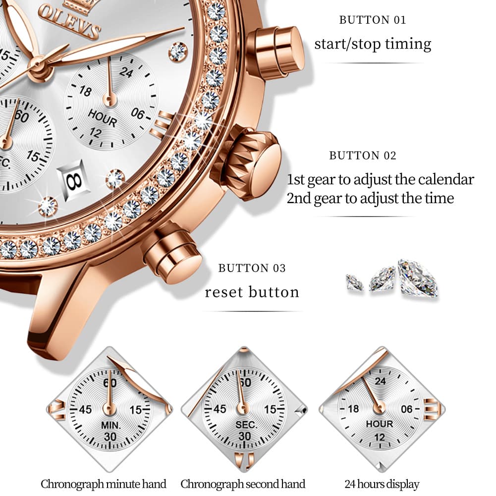 OLEVS 9933 Crystal Bezel Chronograph Leather Watch for Women