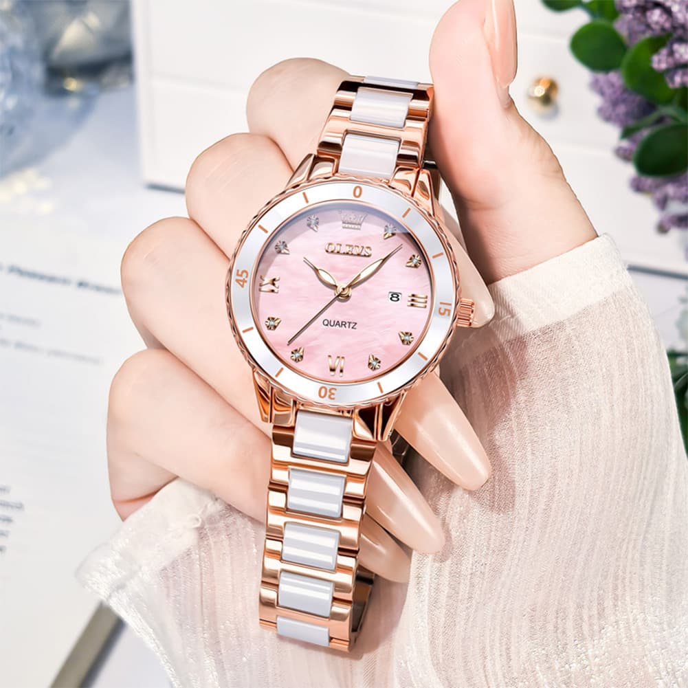 OLEVS 9985 Two Tone Ceramic Bracelet Quartz Watch for Women
