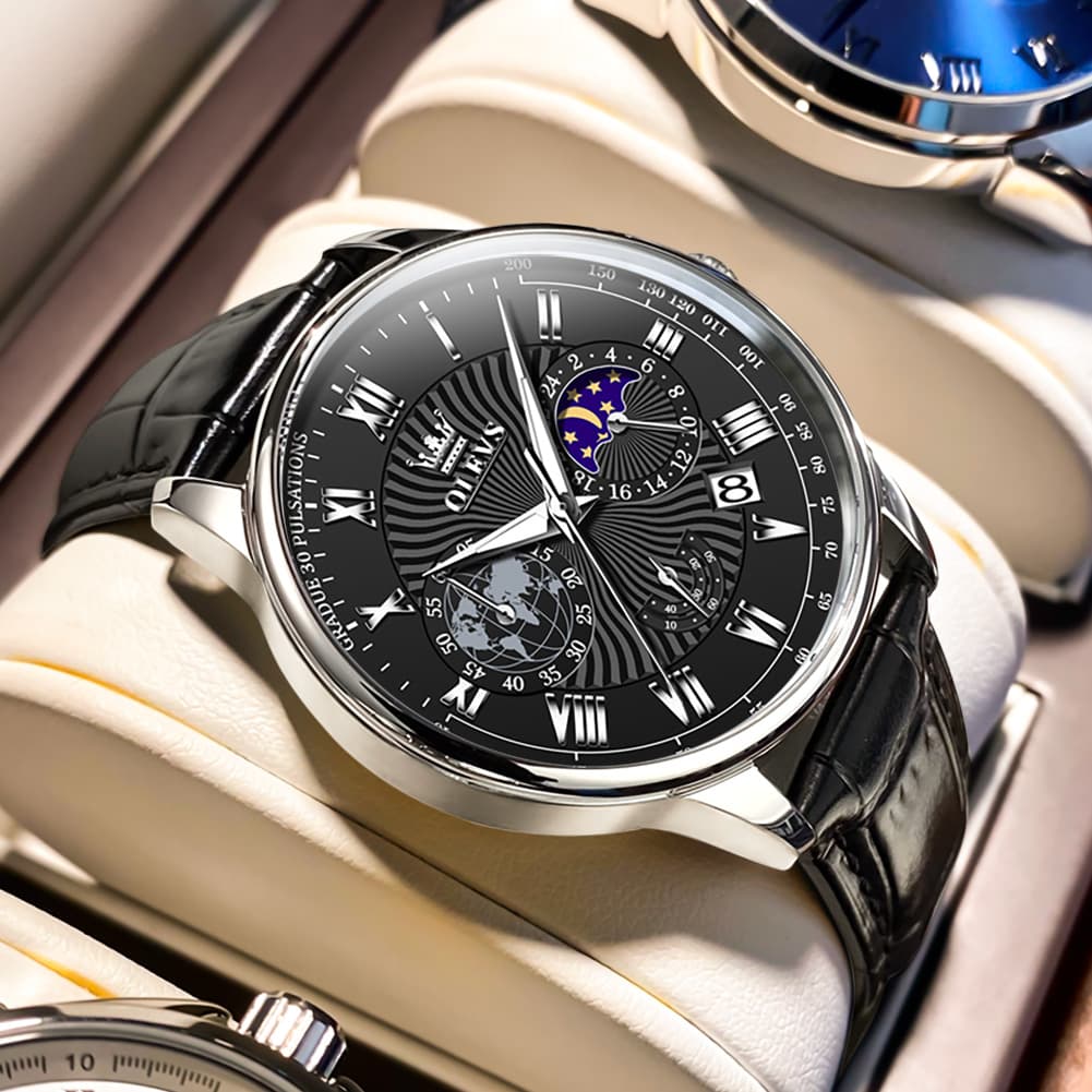 OLEVS 2893 Leather Pulsometer Moon Phase Watch for Men