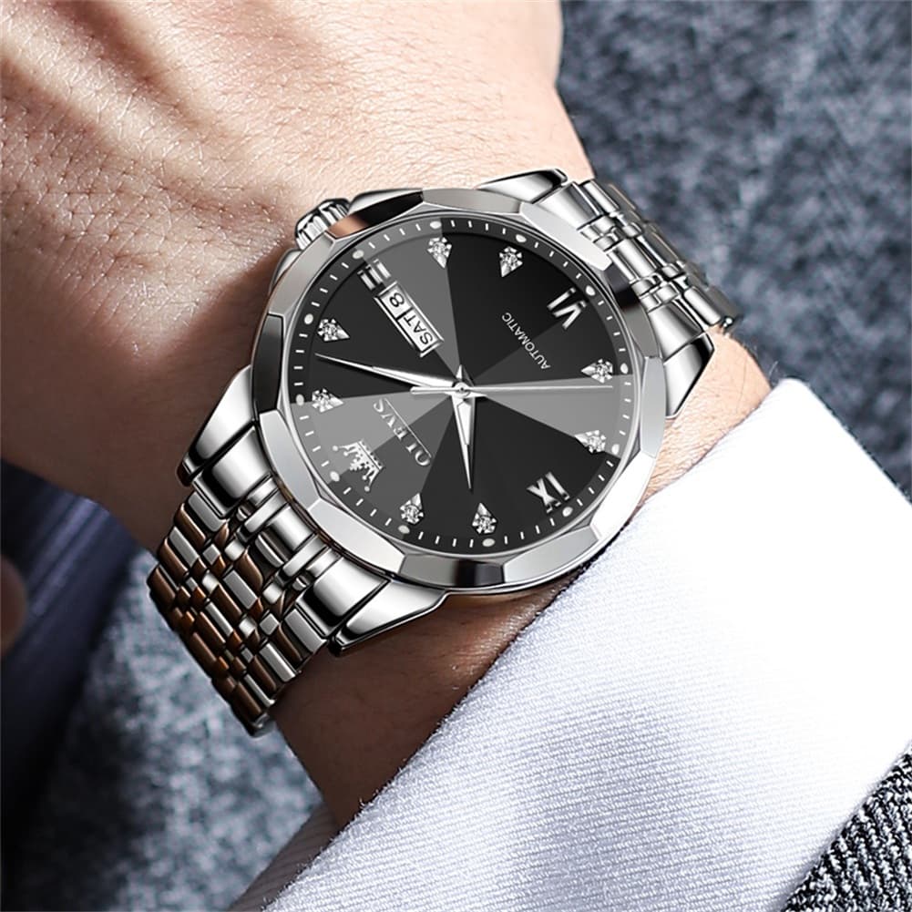 OLEVS 3D Diamond Cut Mirror Automatic Mechanical Watch 9982 Day Date for Men