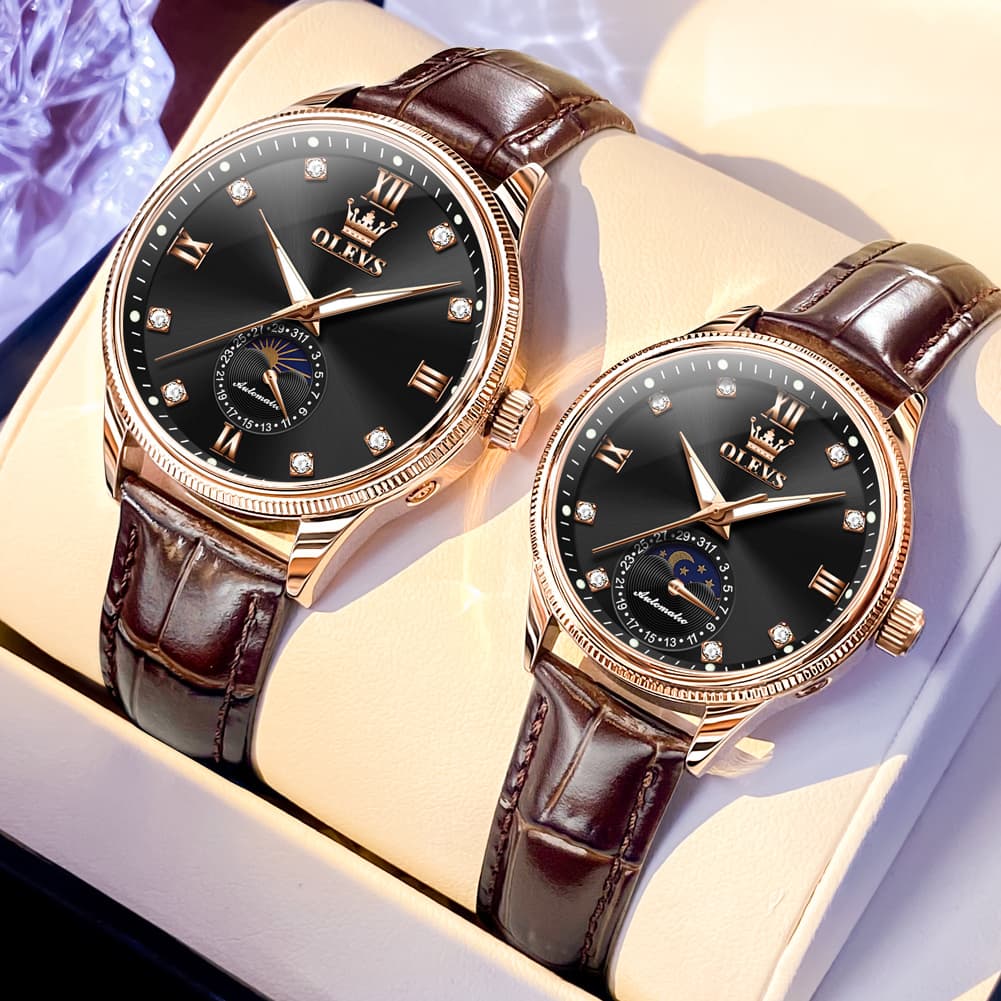 OLEVS 7039 Leather Moon Phase Couples Watch Set