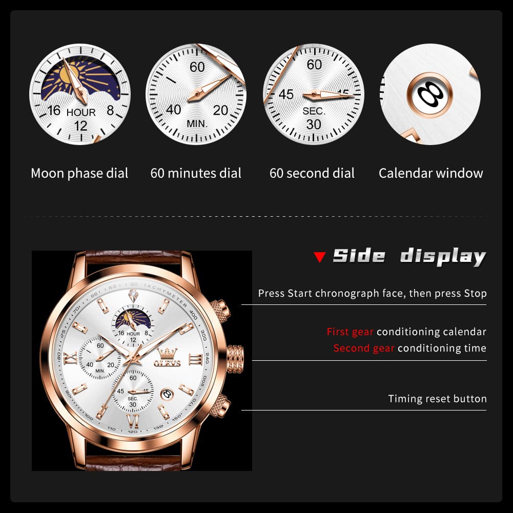 OLEVS 9812 Moon Phase Chronograph Leather Watch for Men