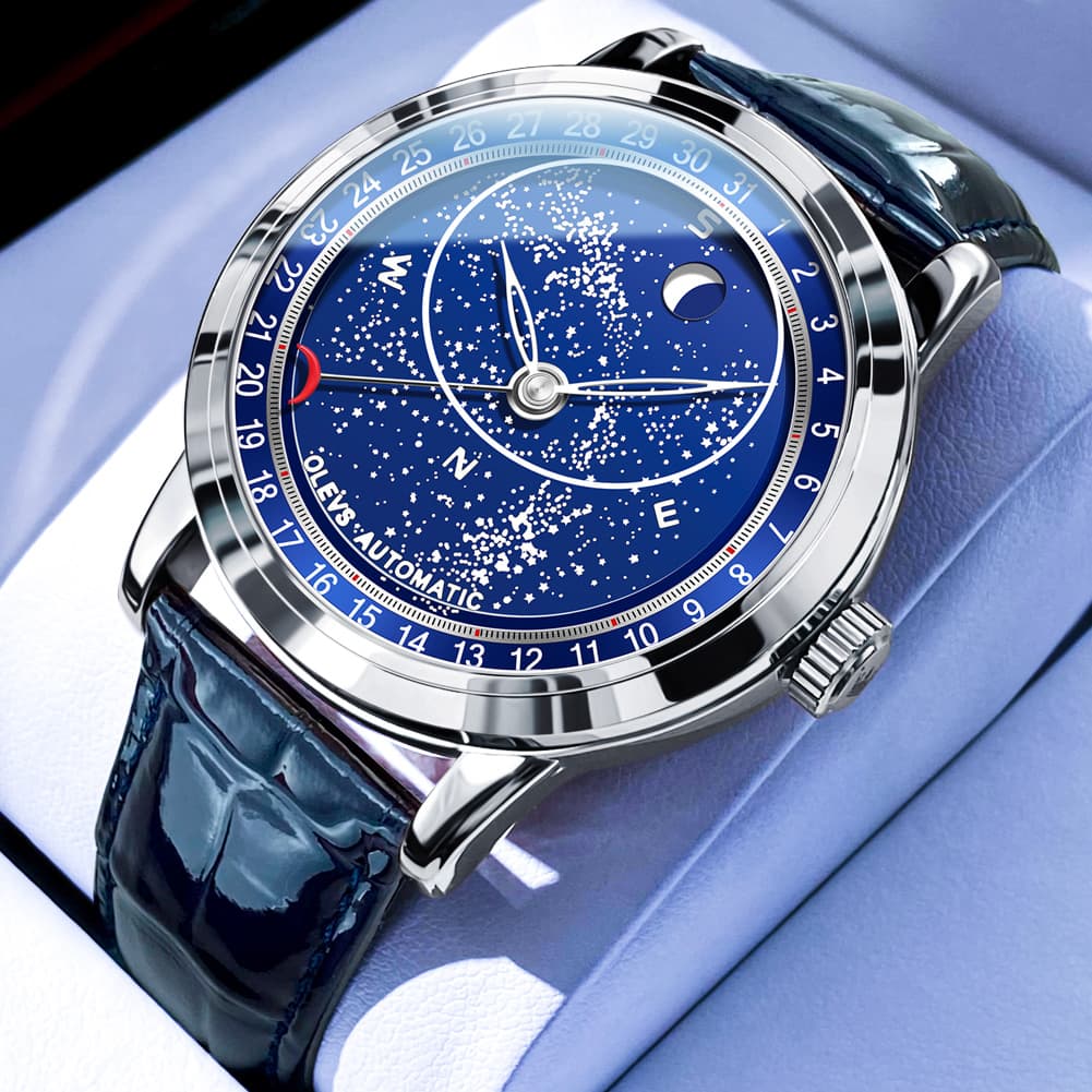 OLEVS Starry Sky Moon Phase Automatic Mechanical Watch 9923 Leather Strap for Men