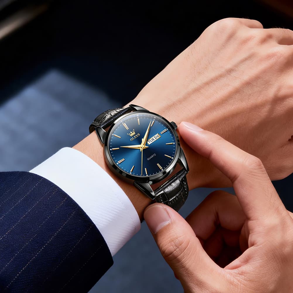 OLEVS 6898P Ultra Thin Day Date Watch Leather Strap Quartz Casual Timepiece for Men