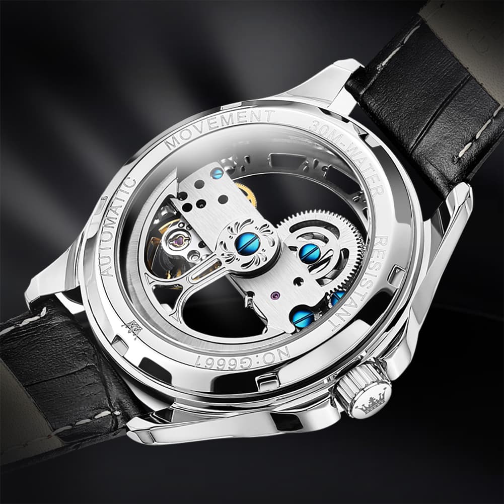 OLEVS 6661 Leather Skeleton Mechanical Watch for Men