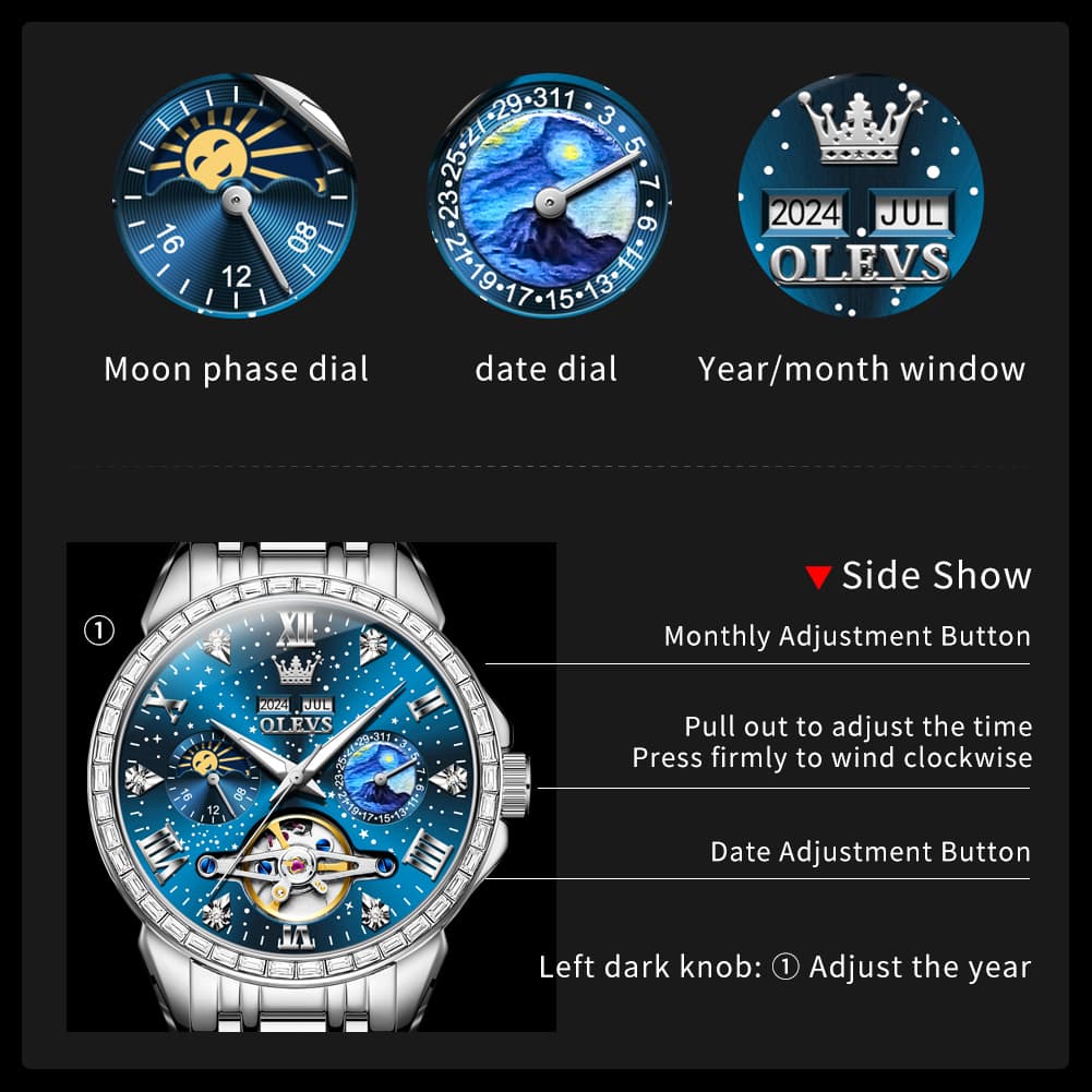 OLEVS 6712 Diamond Bezel Starry Moon Phase Calendar Mechanical Watch For Men