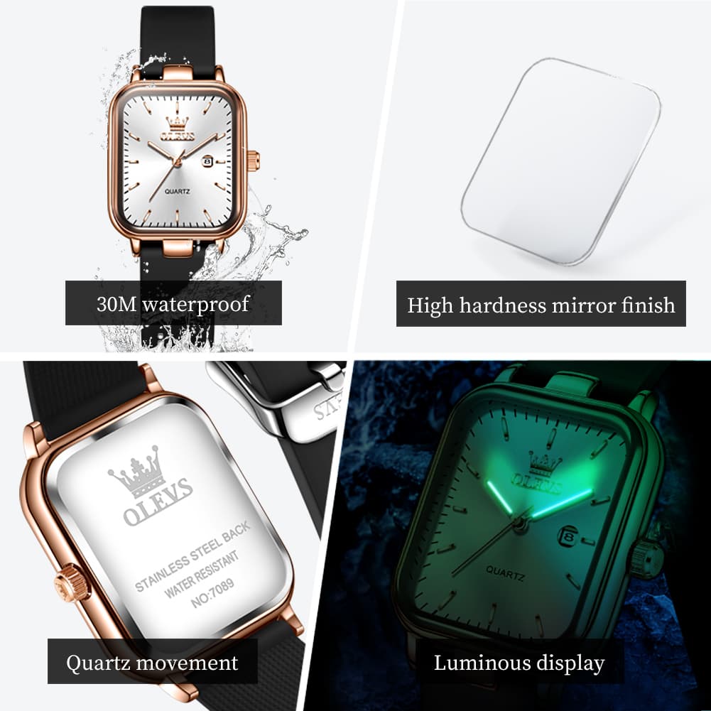 OLEVS 7089 Silicone Strap Watch Retro Square Date Quartz Sport Luxe Timepiece for Women