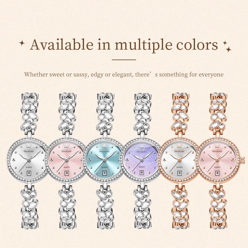 OLEVS 5679 Crystal Cluster Bracelet Watch Zircon Bezel Date Quartz Jewelry Timepiece for Women