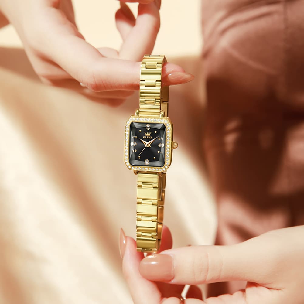 OLEVS 5688 Beveled Edge Crystal Rectangular Watch Diamond Bezel Stainless Steel Quartz Timepiece for Women