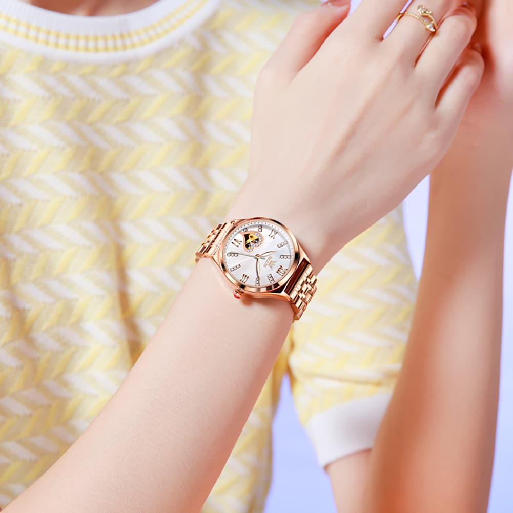 OLEVS 6636 Leather Skeleton Mechanical Watch for Women