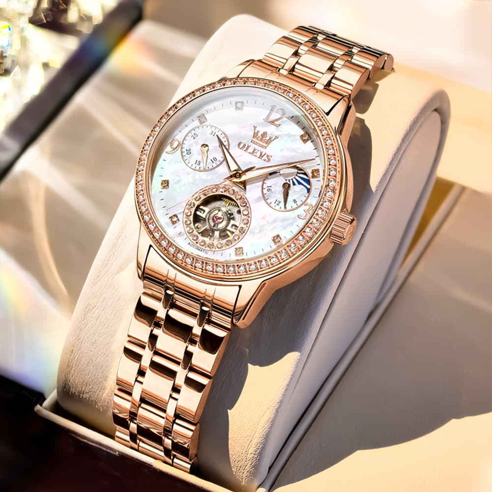 OLEVS 6750 Diamond Bezel Skeleton Mechanical Watch for Women