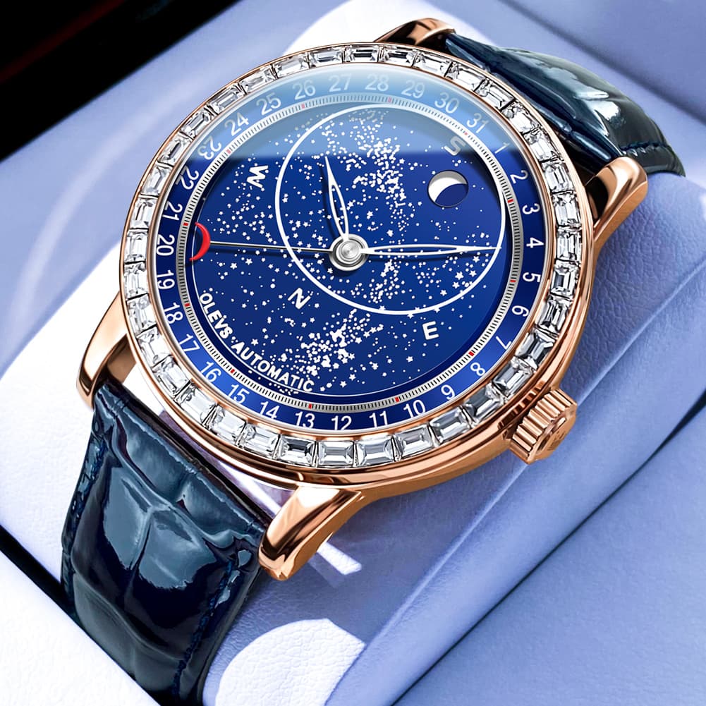 OLEVS Starry Sky Moon Phase Automatic Mechanical Watch 9923 Leather Strap for Men
