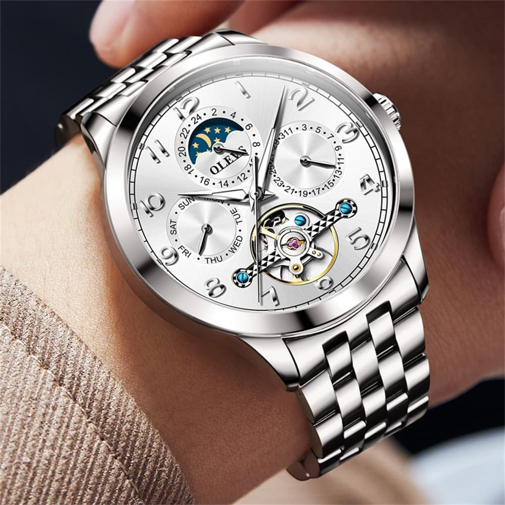 OLEVS 7018 Sun and Moon Skeleton Mechanical Watch for Men