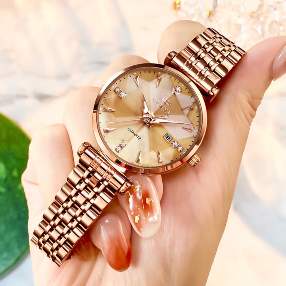 OLEVS Diamond Cut Crystal Dress Watch for Women Stainless Steel 5536