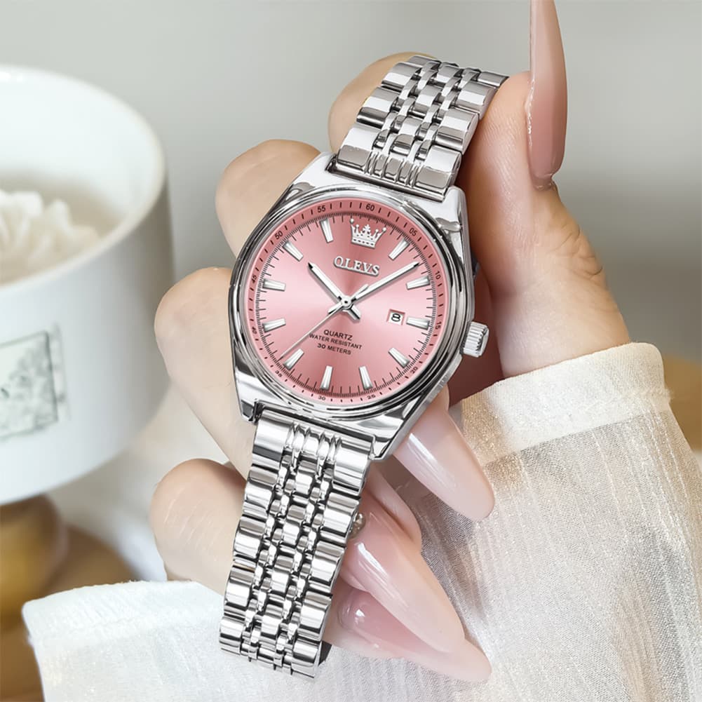OLEVS 3703 Elegant Textured Dial Stainless Steel Womens Watch