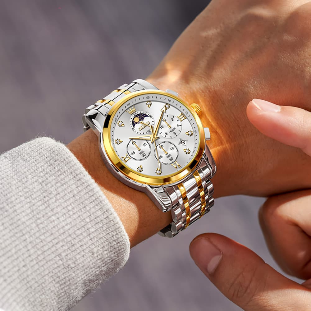 OLEVS 3655 Chronograph Moon Phase Roman Diamond Dial Stainless Steel Watch For Men