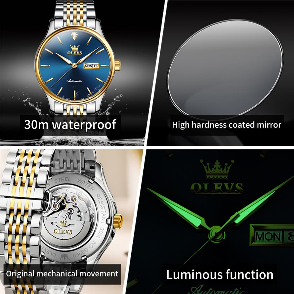 OLEVS Minimalist Diamond Dial Day Date Automatic Watch 9960 for Men