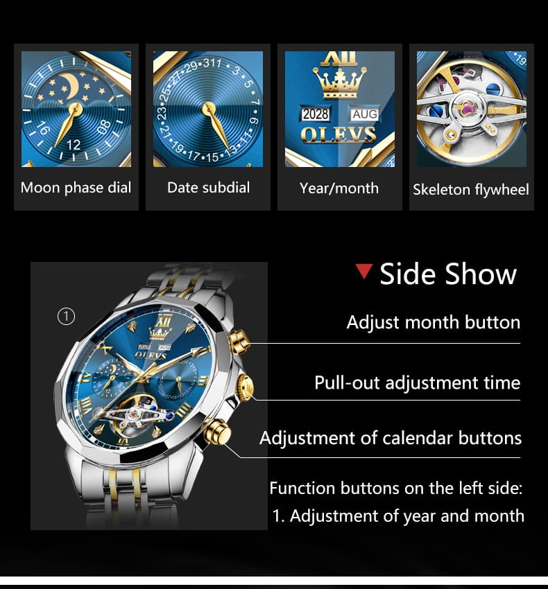 OLEVS 6620 Skeleton Moon Phase Mechanical Watch for Men