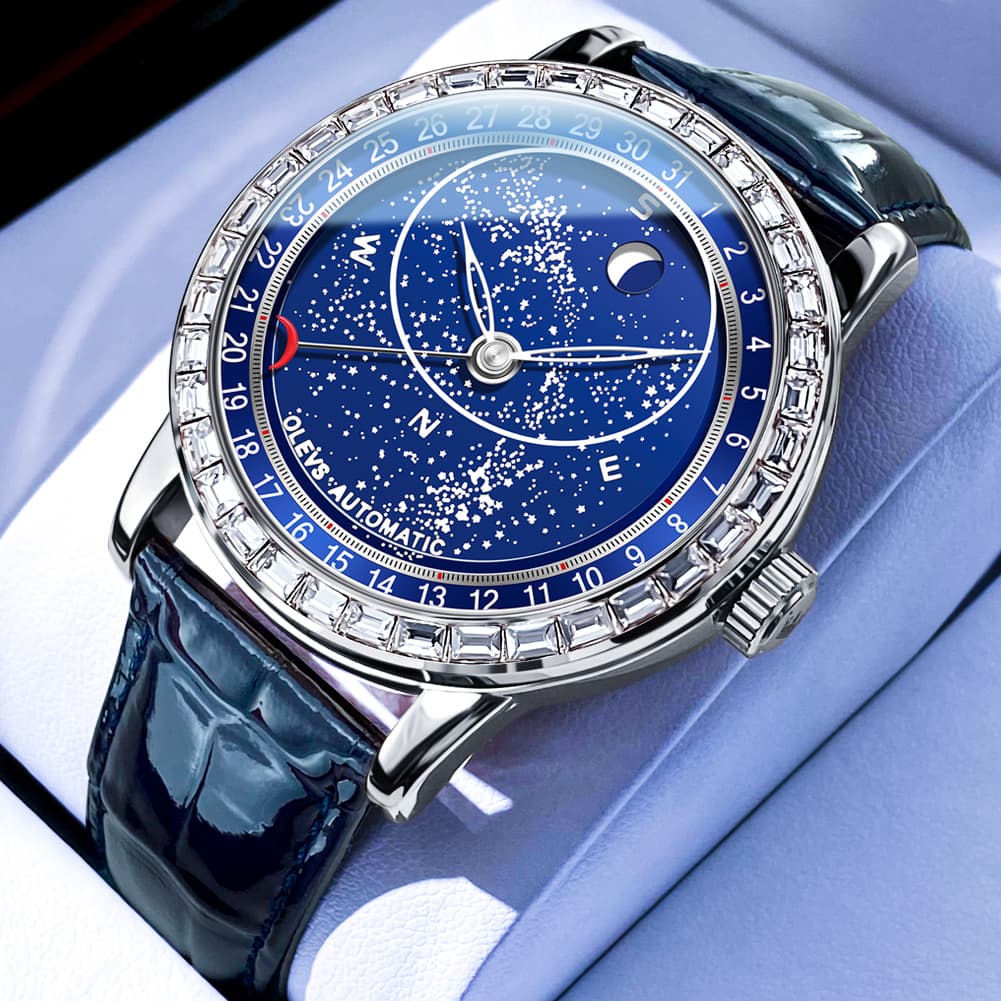 OLEVS Starry Sky Moon Phase Automatic Mechanical Watch 9923 Leather Strap for Men
