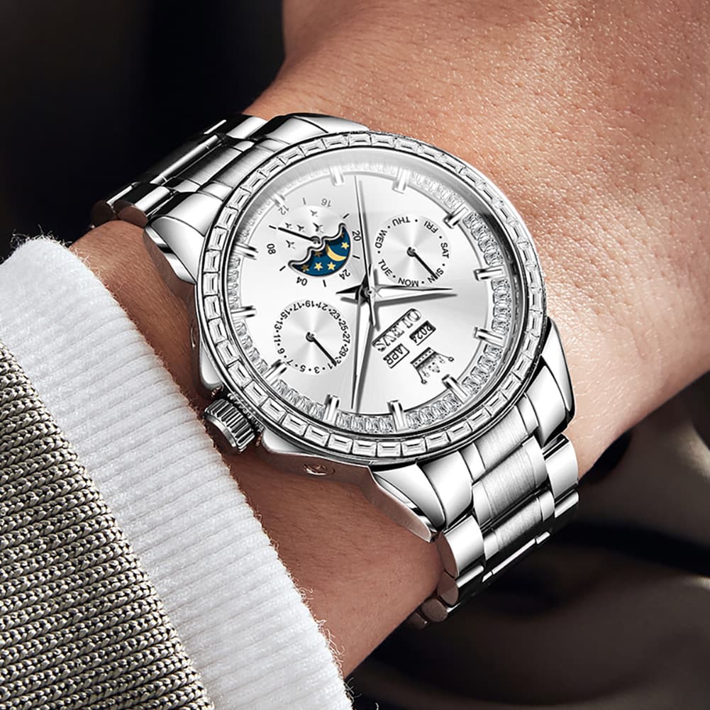 OLEVS 6695 Baguette Diamond Multifunction Mechanical Watch for Men