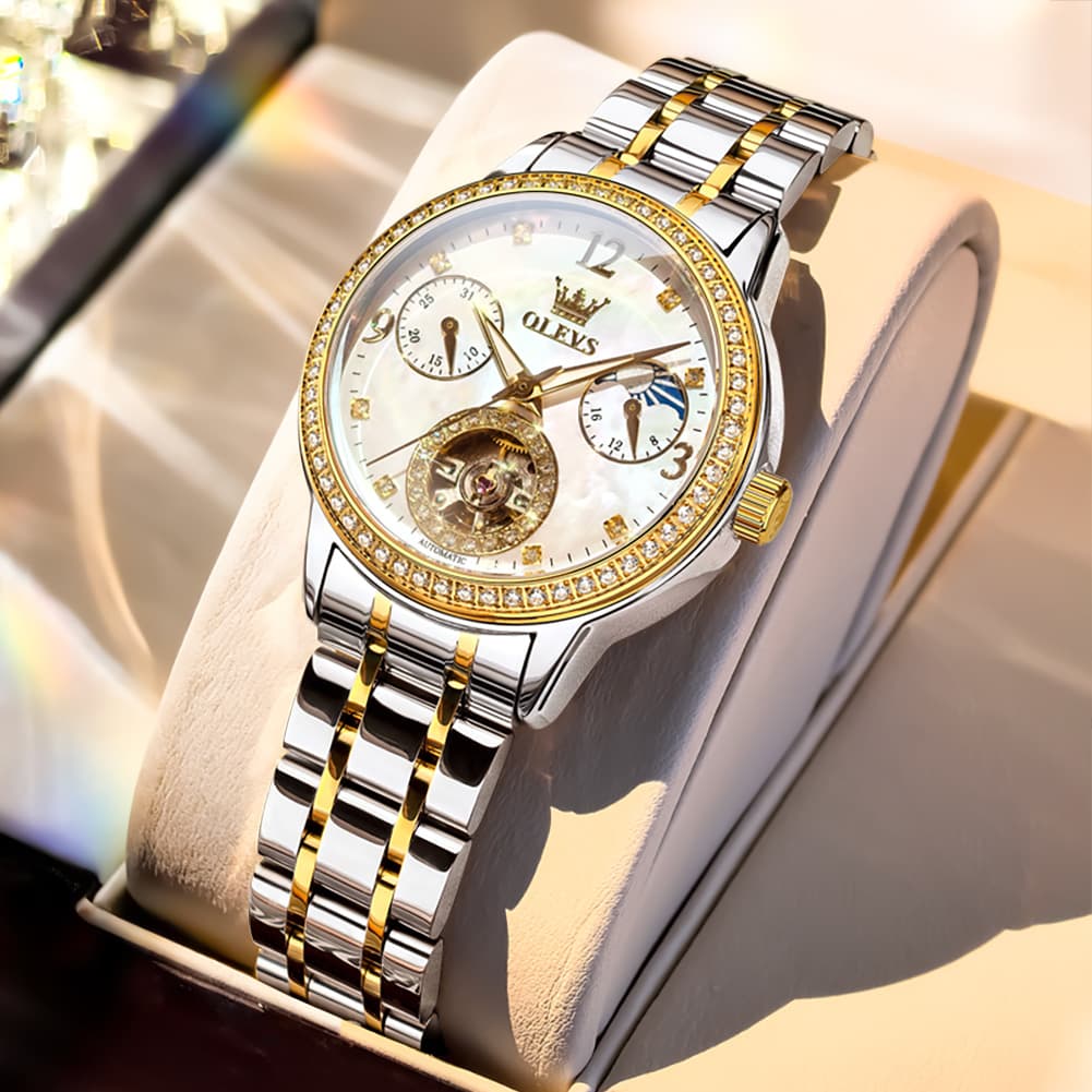OLEVS 6750 Diamond Bezel Skeleton Mechanical Watch for Women
