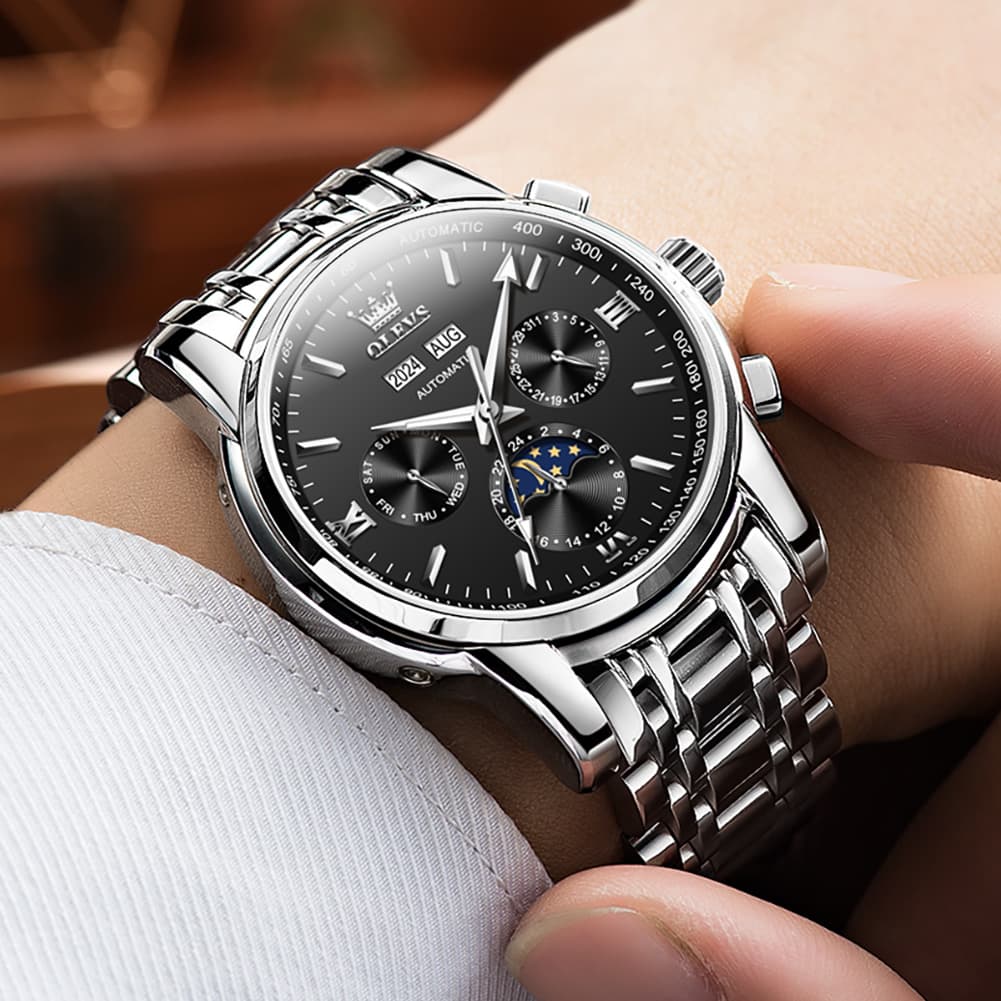 OLEVS 6633 Stainless Steel Mechanical Moon Phase Watch for Men