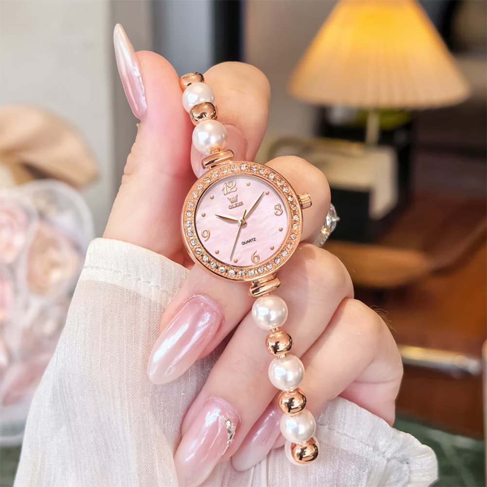 OLEVS Women Pearl Bracelet Watch Diamond Bezel Mother of Pearl Quartz 5640
