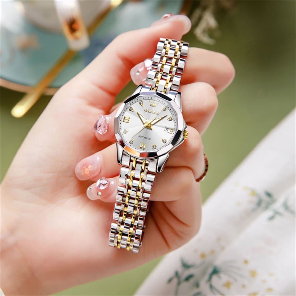 OLEVS 3D Diamond Cut Mirror Automatic Mechanical Watch 9982 for Women