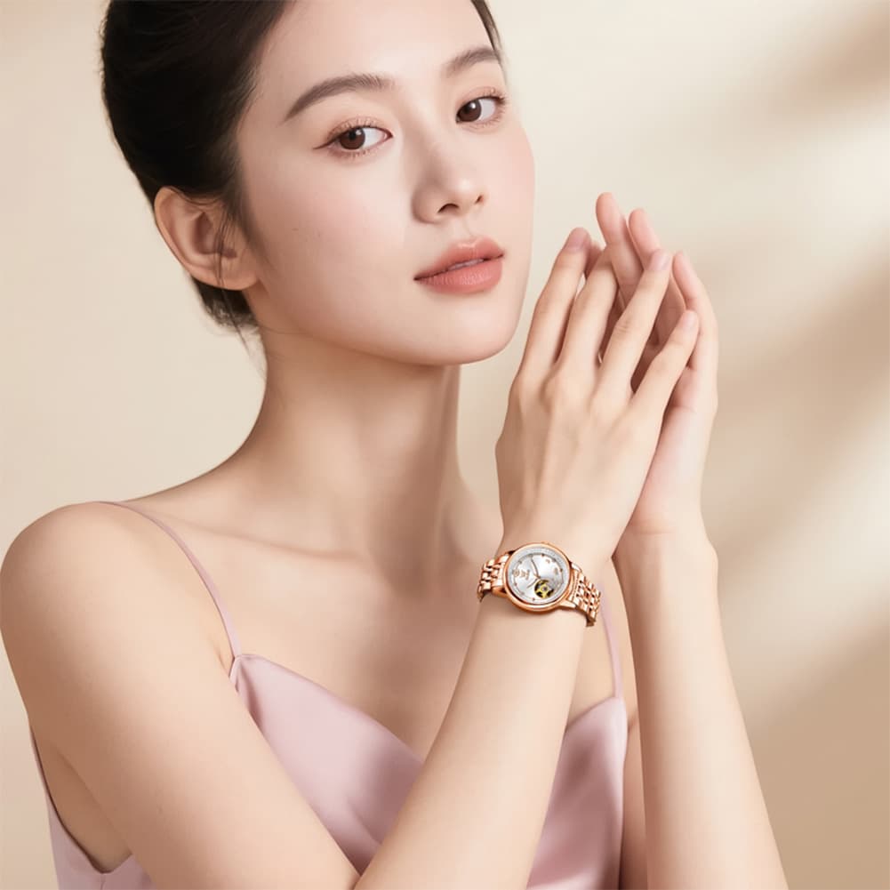 OLEVS 6732 Automatic Open Heart Diamond Watch For Women