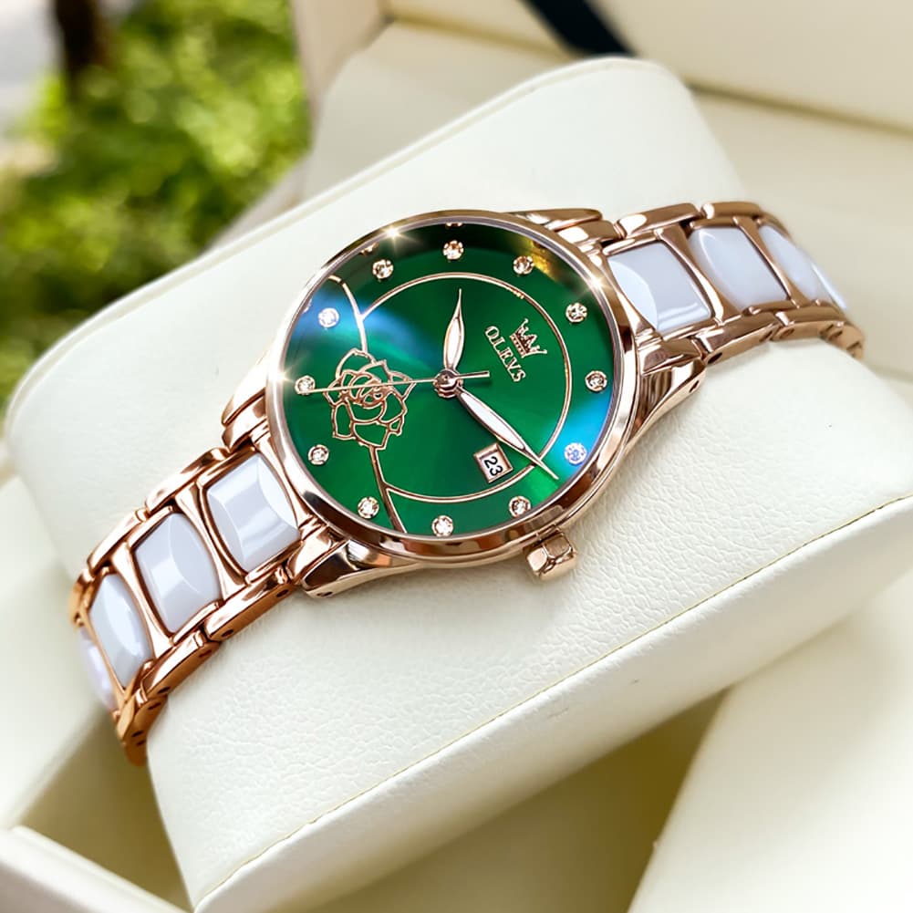 OLEVS 3606 Ceramic Rose Motif Quartz Watch for Women