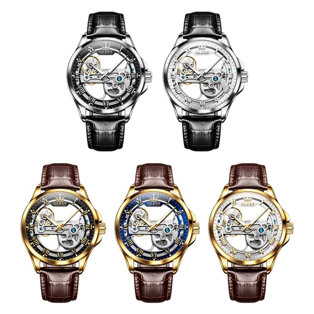 OLEVS 6661 Leather Skeleton Mechanical Watch for Men