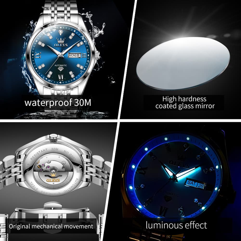 OLEVS Diamond Dial Automatic Mechanical Watch 9801 Day Date for Men