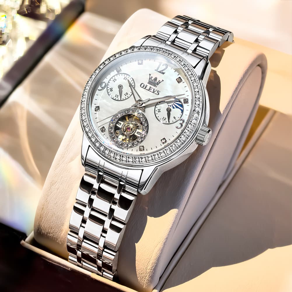 OLEVS 6750 Diamond Bezel Skeleton Mechanical Watch for Women