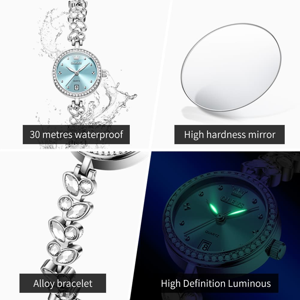 OLEVS 5679 Crystal Cluster Bracelet Watch Zircon Bezel Date Quartz Jewelry Timepiece for Women