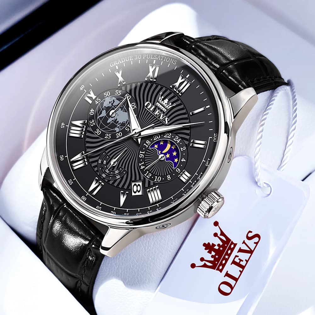 OLEVS 2893 Leather Pulsometer Moon Phase Watch for Men
