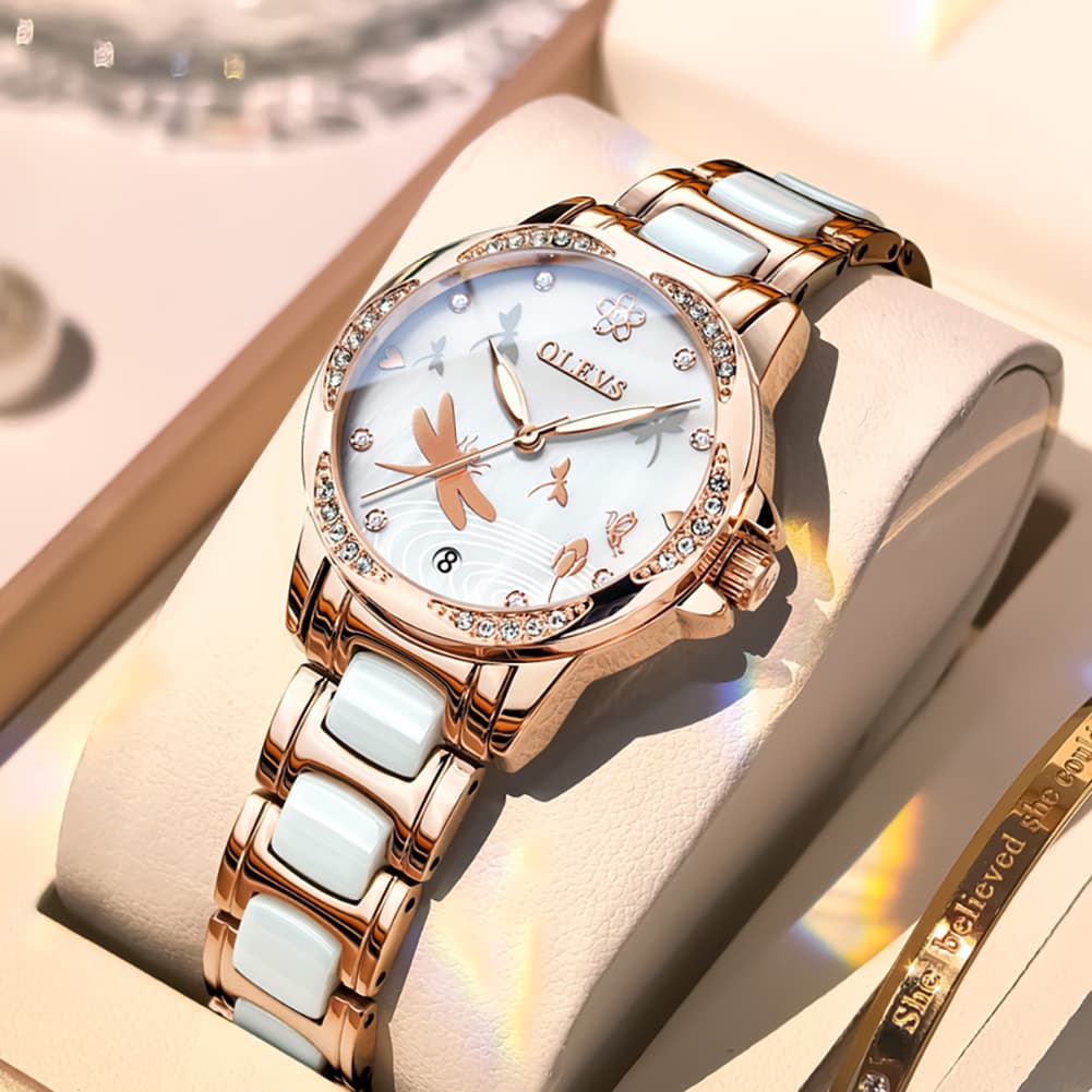 OLEVS 6610 Automatic Mechanical Ceramic Dragonfly Watch for Women
