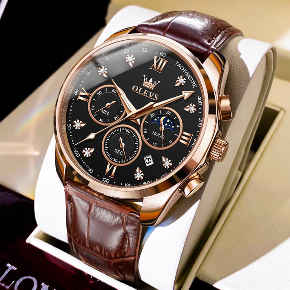OLEVS 2888 Leather Chronograph Moon Phase Watch for Men